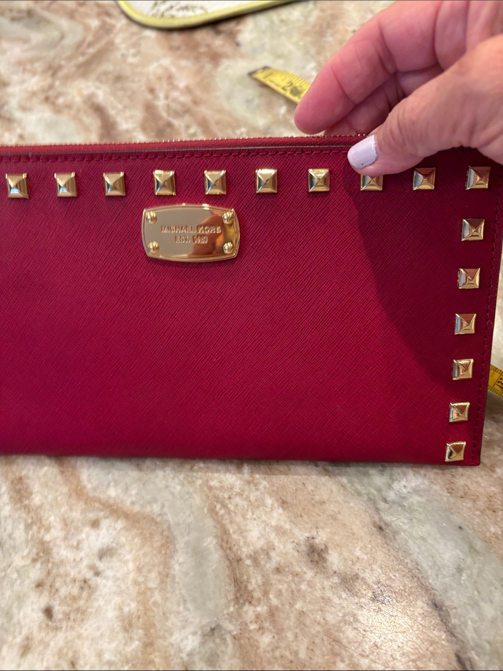 Michael Kors Red Studded Zip Wristlet with Gold Accents